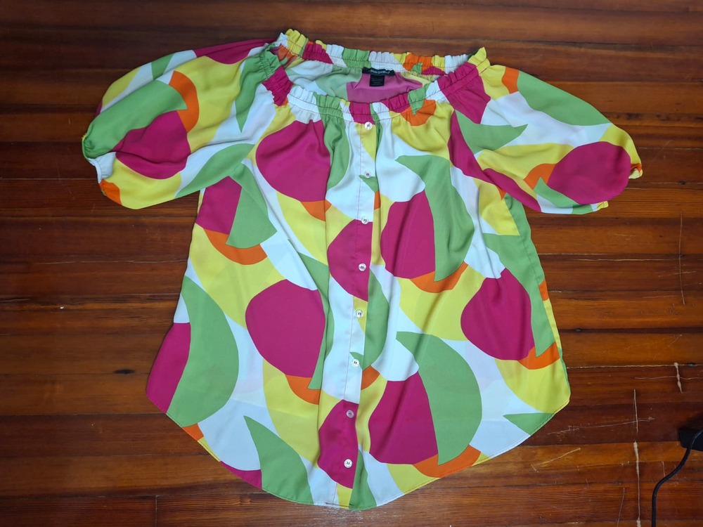 Ashley Stewart plus-size off-the-shoulder print blouse, Pink & Green,Size 18/20W - Picture 2 of 7